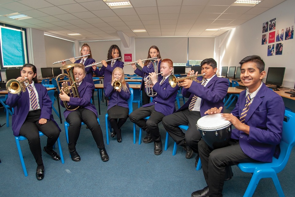 Group of secondary school pupils playing wind instruments and percussion