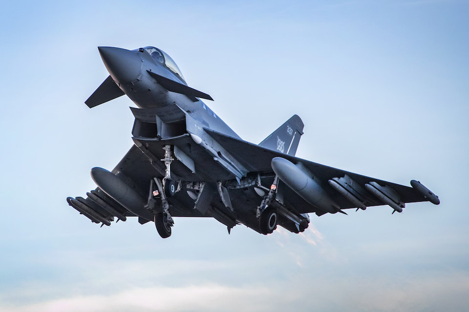 RAF Typhoon equipped with Meteor missiles takes off from RAF Lossiemouth.