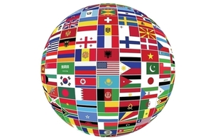 A globe made up of flags from different countries.