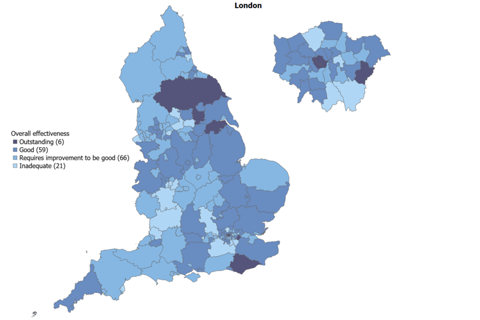 This map shows how inspection judgements are spread across every local authority in the country.