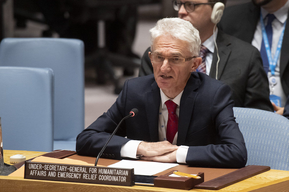 Mark Lowcock, Under-Secretary-General for Humanitarian Affairs and Emergency Relief Coordinator, briefs the Security Council on the situation in the Middle East (Yemen). (UN Photo)