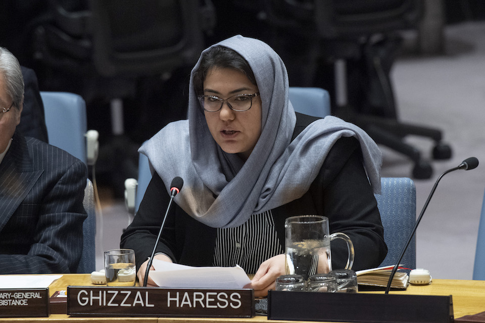 Ghizaal Haress, Commissioner at the Independent Commission for Overseeing the Implementation of the Constitution, addresses the Security Council meeting on the situation in Afghanistan and its implications for international peace and security. (UN Photo)