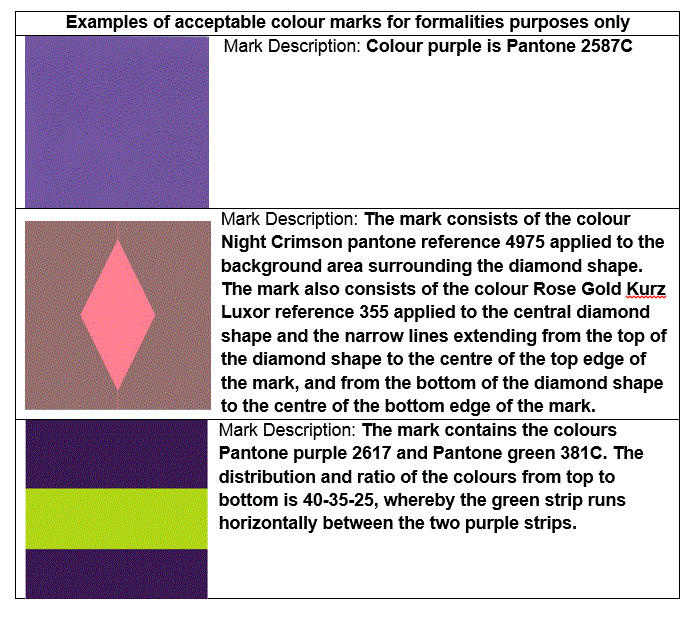 Examples of acceptable colour marks for formalities purposes only