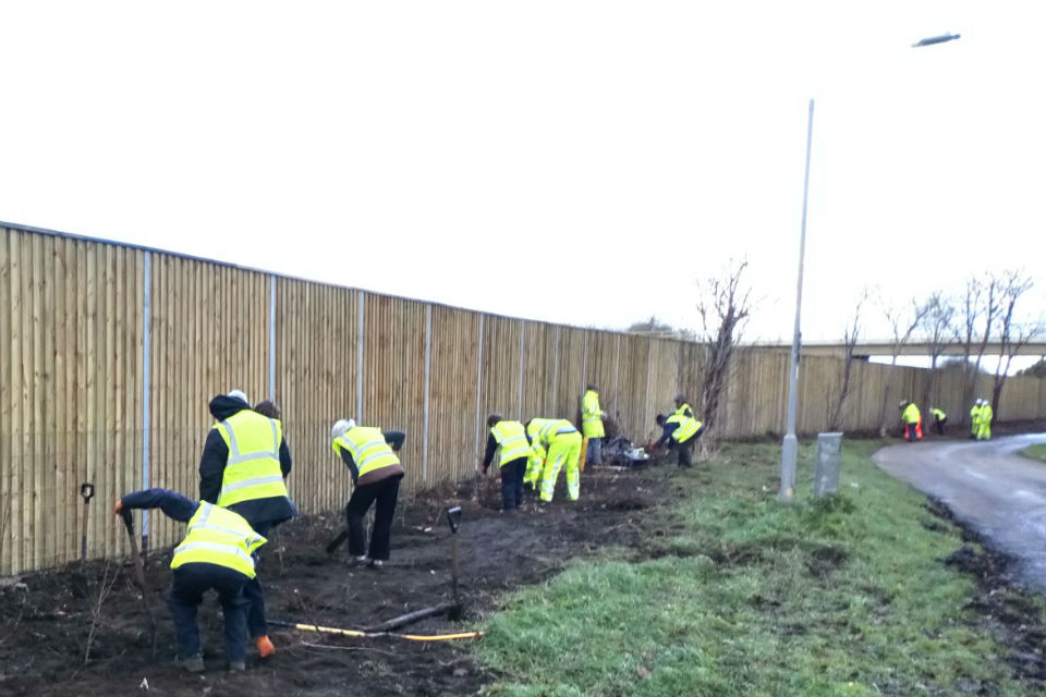 Volunteers working on noise barriers