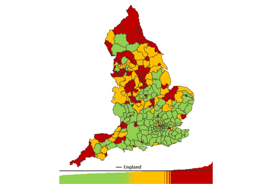 Thematic map of England districts showing the number of hospital admissions for alcohol-related conditions, under the Narrow definition, per 100,000 population for persons in 2017 to 2018