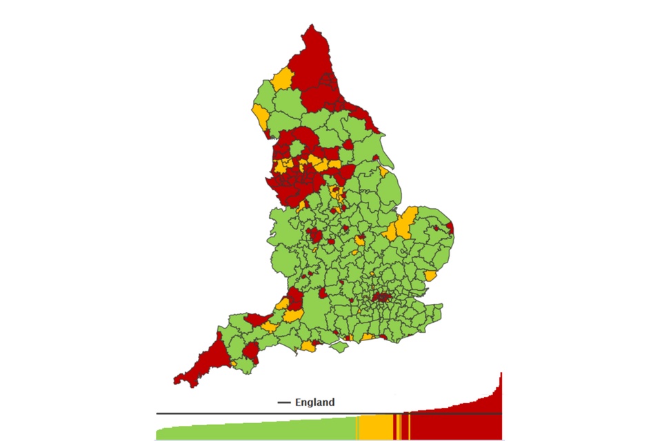 Thematic map of England districts showing the number of alcohol-specific hospital admissions, per 100,000 population for persons in 2017 to 2018