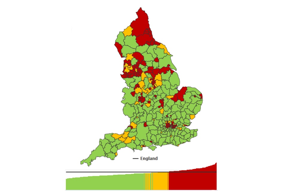 Thematic map of England districts showing the number of hospital admissions for alcohol-related conditions, under the Broad definition, per 100,000 population for persons in 2017 to 2018