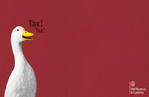 Two ducks with a red background quacking "tax"