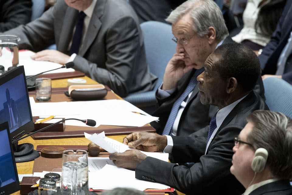 Teodoro Obiang Nguema Mbasogo (right), President of the Republic of Equatorial Guinea and President of the Security Council, alongside Secretary-General Antonio Guterres (UN Photo)