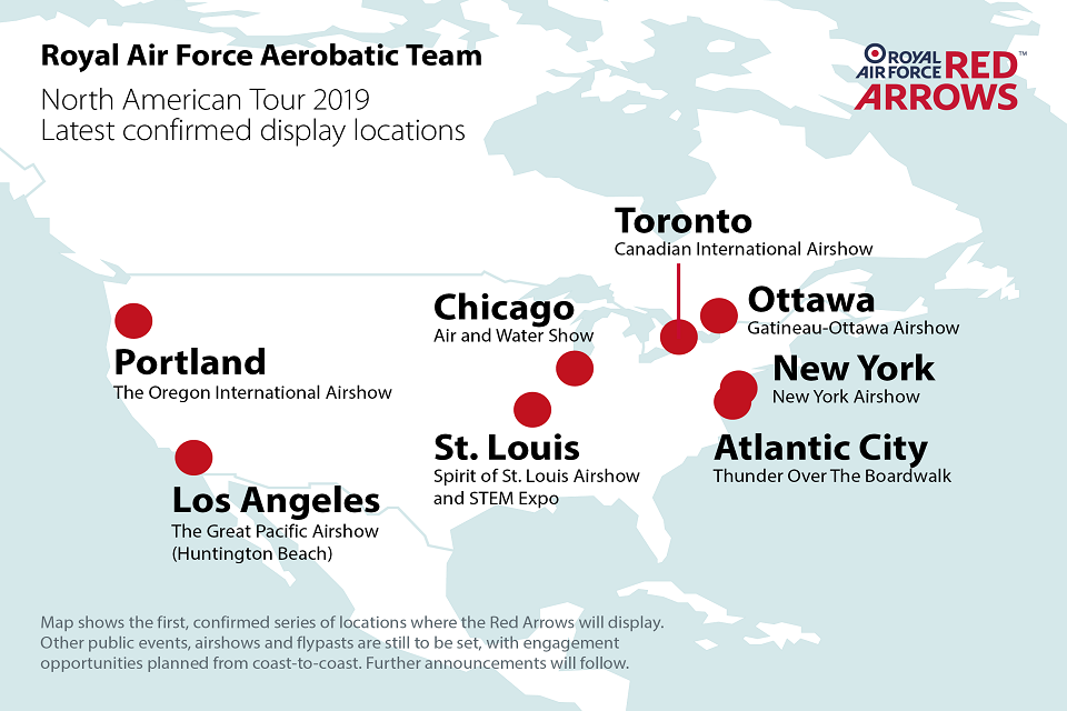 A map showing the locations of where the Red Arrows will be on display.