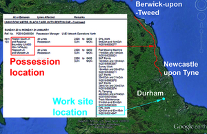 Map and extract from the Weekly Operating Notice showing extent of possession and location of work site