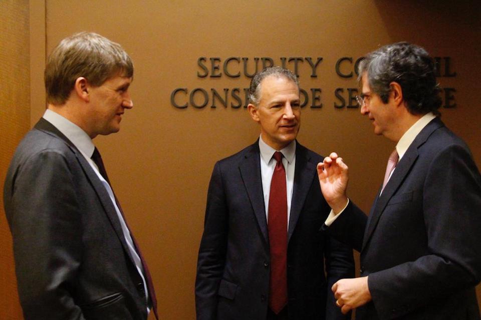 Ambassador Jonathan Allen (UK), Ambassador Jonathan Cohen (US) and Ambassador Francois Dellatre (France) outside the Security Council briefing on terrorist acts.
