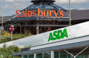 A photograph of a Sainsbury's store and an Asda store.