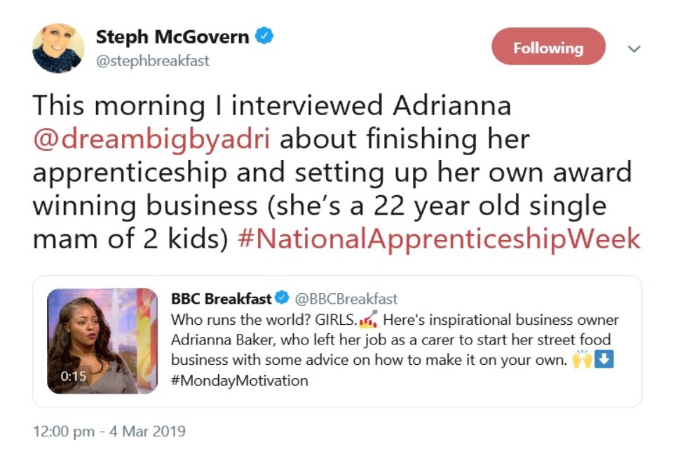 Image of a tweet from BBC's Steph McGovern.
