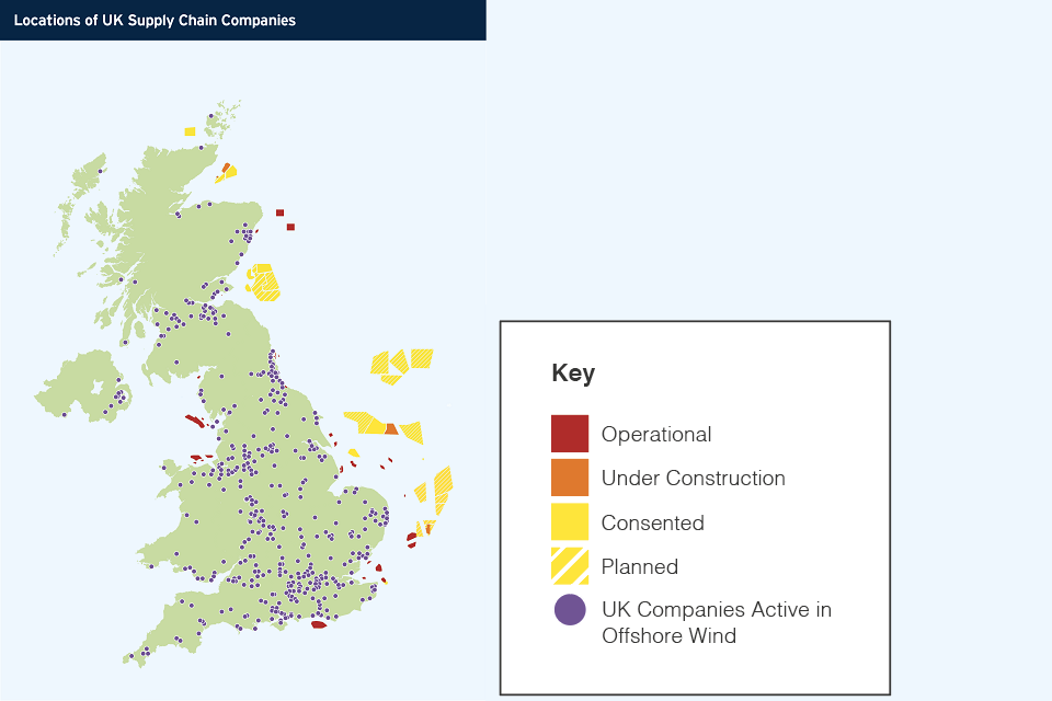 Map showing locations of UK Supply Chain Companies.