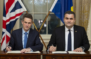 Defence Secretary Gavin Williamson and Romanian Defence Minister Gabriel Les sign a memorandum of understanding.