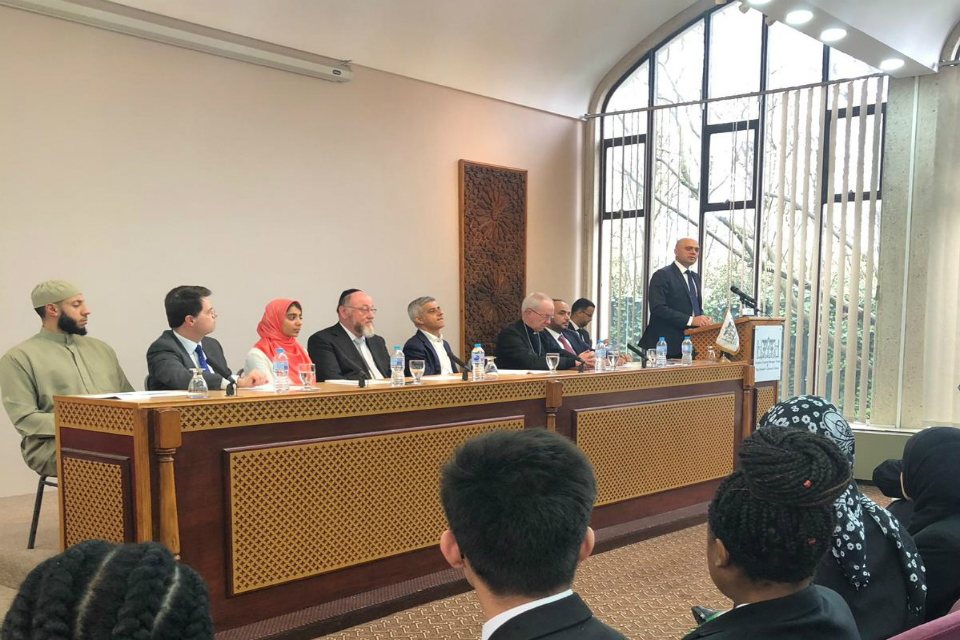 Home Secretary Sajid Javid speaks at interfaith event at Central London Mosque.