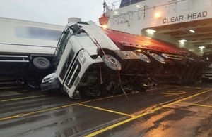 Toppled vehicles on board European Causeway