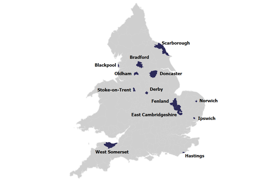 Opportunity areas are spread across England, from the South West to the North East
