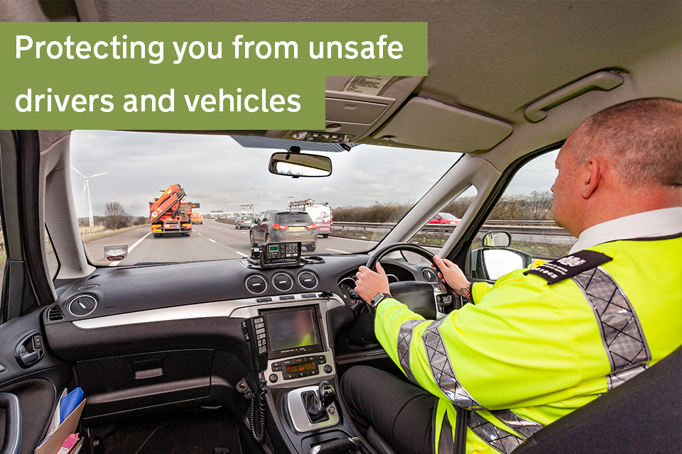 Image of a DVSA traffic examiner driving a car, with a banner reading 'Protecting you from unsafe drivers and vehicles' overlaid on the image