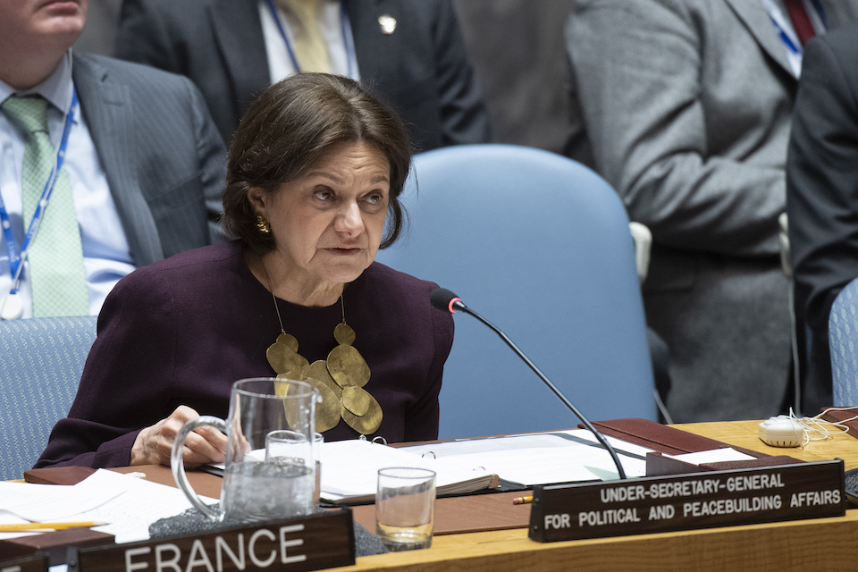 Rosemary DiCarlo, Under-Secretary-General for Political and Peacebuilding Affairs, briefs the Security Council on the situation in the Middle East (Syria). (UN Photo)