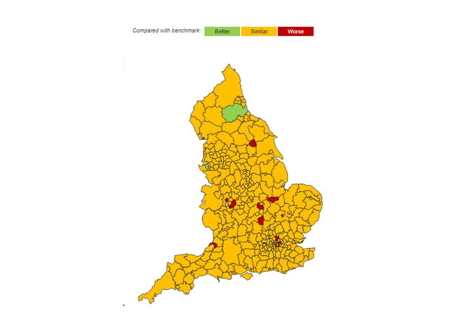 A map showing acute hepatitis B incidence rate per 100,000 population in England's local authorities for 2017, highlighting areas that are better, similar, or worse than the England average