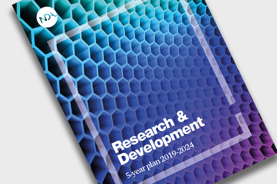 Front cover of report:  text superimposed (Research and development 5 year plan 2019 to 20124) on graphene representation