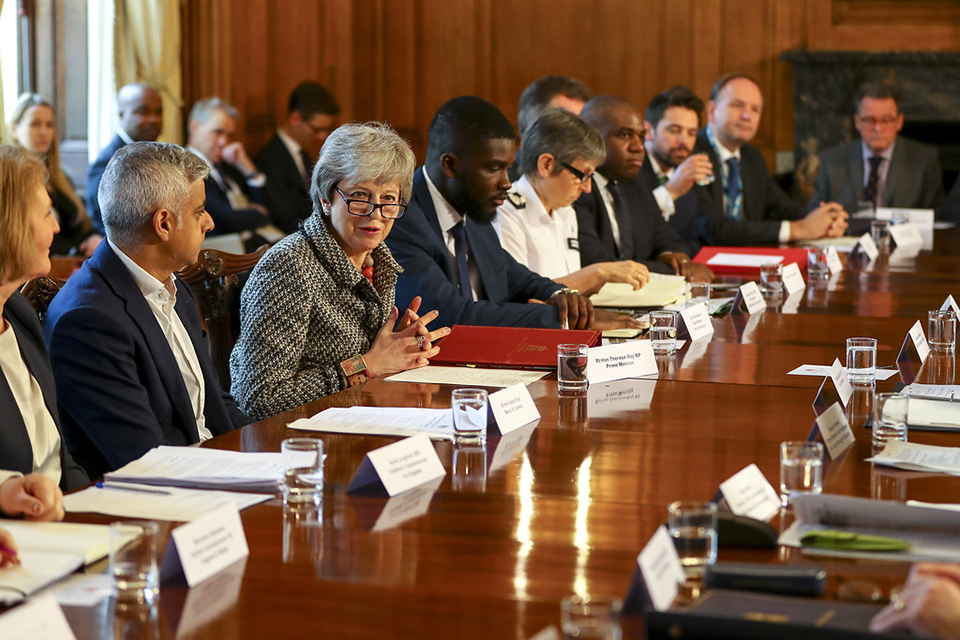 Prime Minister Theresa May addressing plenary roundtable meeting of the Serious Violence Summit