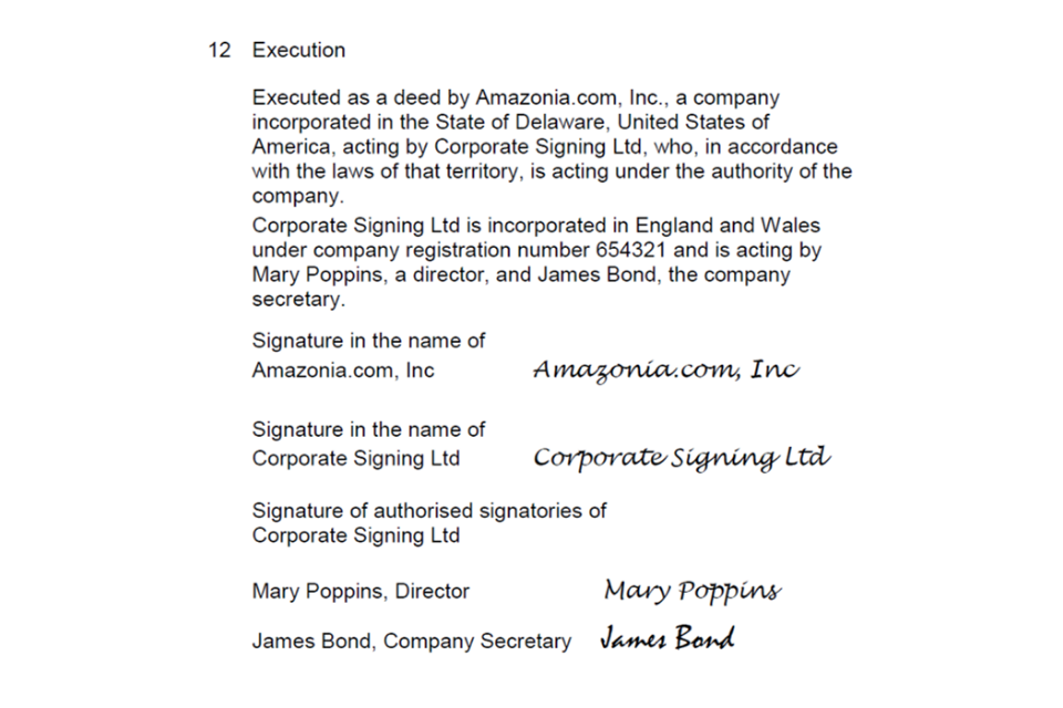 A screenshot of a form of execution with examples of how to present signatures and company names.