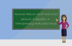 Information board stating "Annual return 2018 and 2019. Salaries + benefits = transparency and public trust".