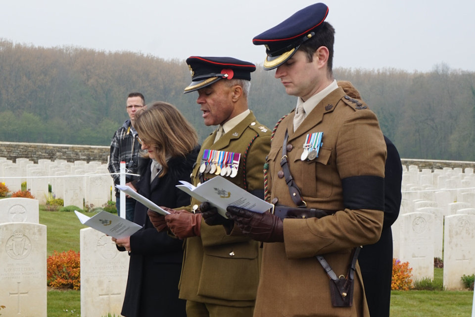 Capt Benedict Griffiths and Lt Col Ret'd Dominic Hancock participate in the burial service of the unknown Sherwood Forester at Guillemont Road Cemetery, Crown Copyright, All rights reserved