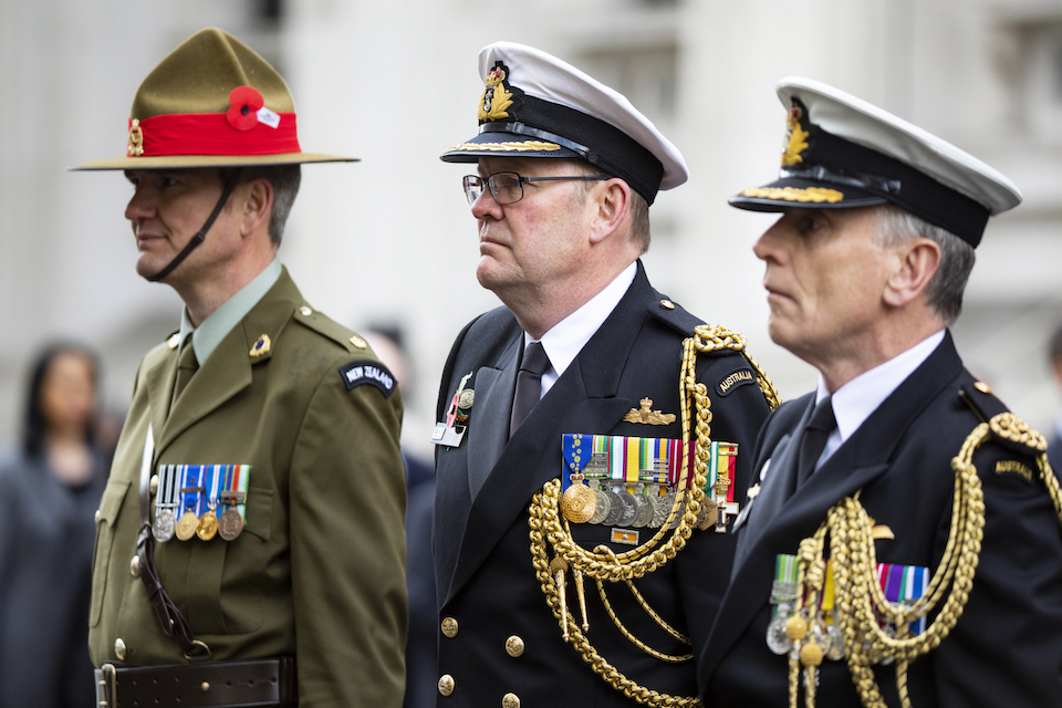 Representatives of New Zealand and Australian armed forces stand at the Cenotaph. Crown Copyright, All rights reserved.