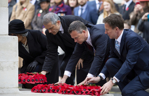 Armed Forces Minister Mark Lancaster lays a wreath at the Cenotaph. Crown Copyright, All rights reserved.