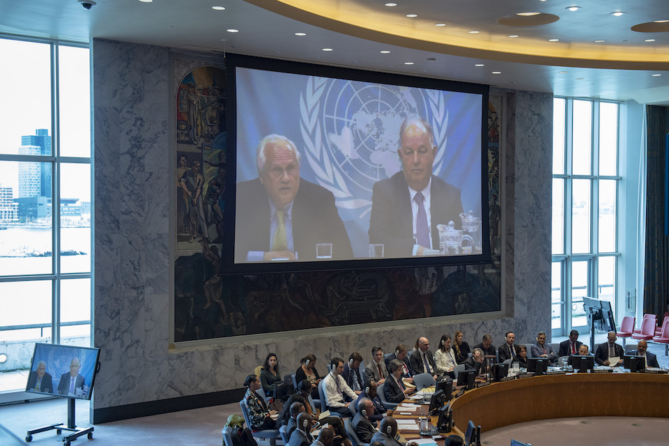 Martin Sajdik, Special Representative of the OSCE Chairperson-inOffice in Ukraine, briefs the Security Council. At right is Ertugrul Apakan, Chief Monitor of the OSCE Special Monitoring Mission to Ukraine. (UN Photo)