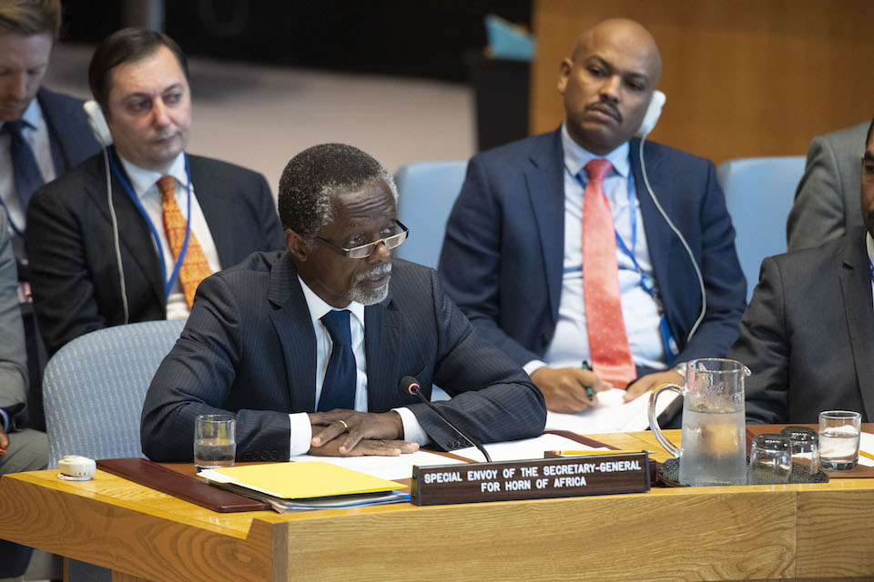 Parfait Onanga-Anyanga, Special Envoy of the Secretary-General for the Horn of Africa, briefs the Security Council on the situation in the Sudan and South Sudan including the situation in Abyei. (UN Photo)