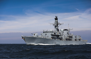 Image of the Royal Navy Type 23 frigate HMS Kent, at speed off the south west coast of Scotland. © Crown copyright 2019