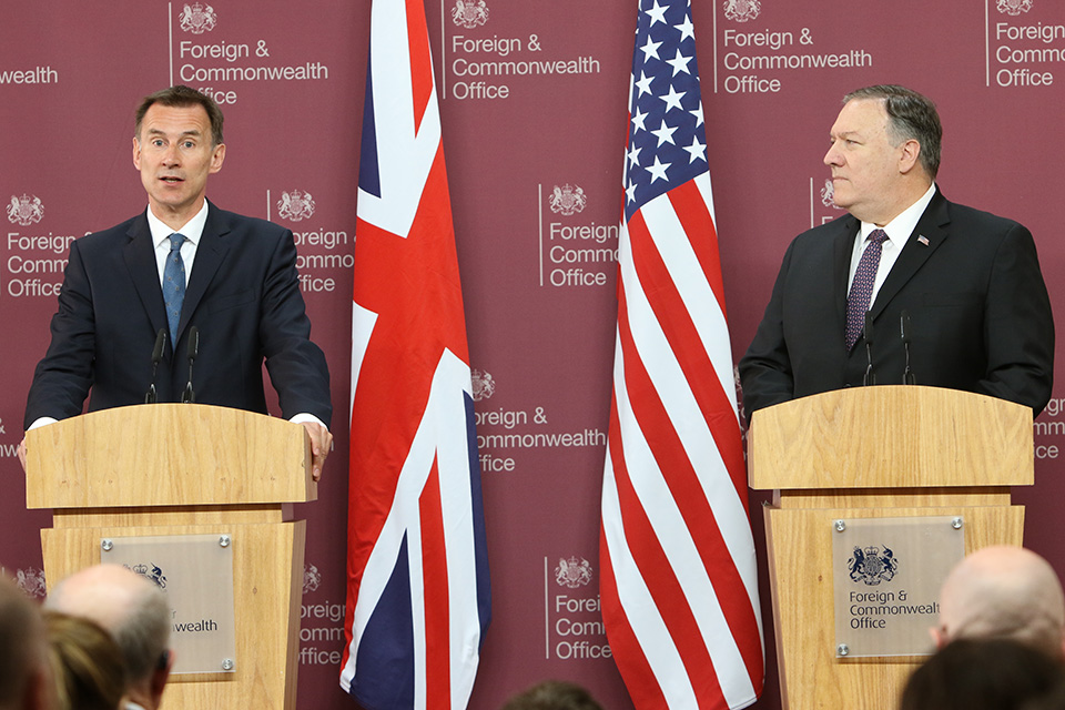 Foreign Secretary Hunt and Secretary Pompeo address media in London