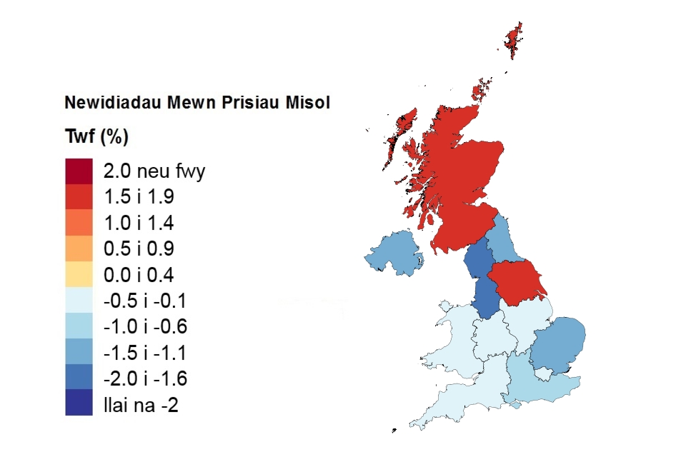 A heat map showing price changes by country and government office region (Welsh)