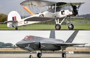 Image of a Royal Navy Fairy Swordfish Mk II and a Joint Service Lockheed-Martin F35B Lightning II. MOD Crown Copyright.