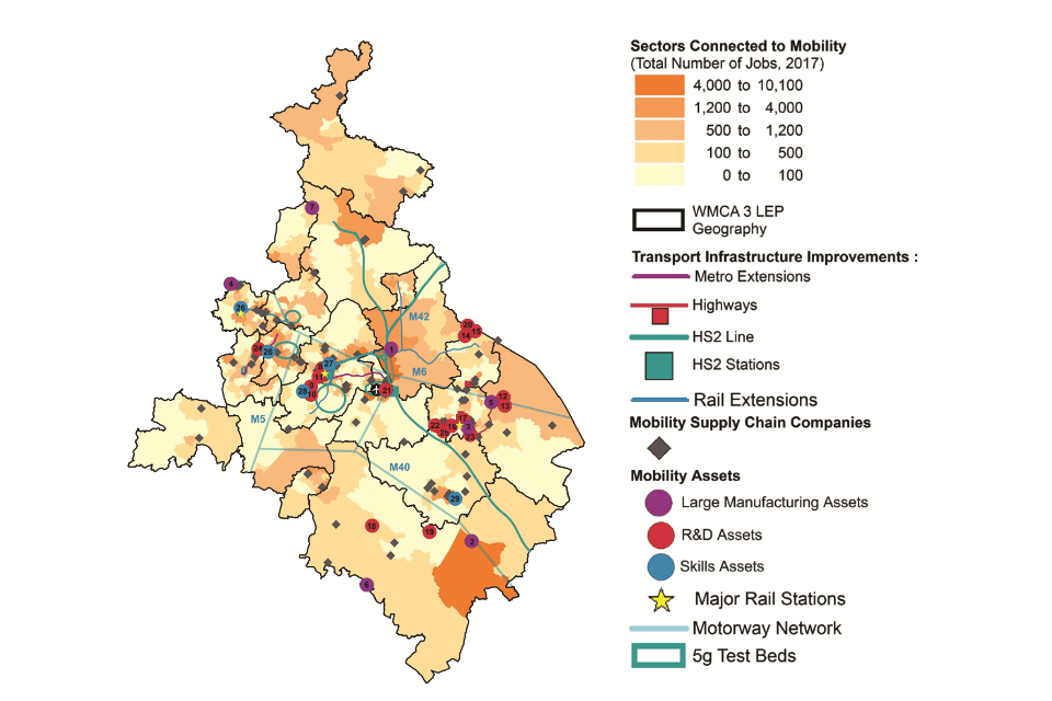 Map of the West Midlands showing the spatial distribution of assets for the Future of Mobility. (Details in the table below).