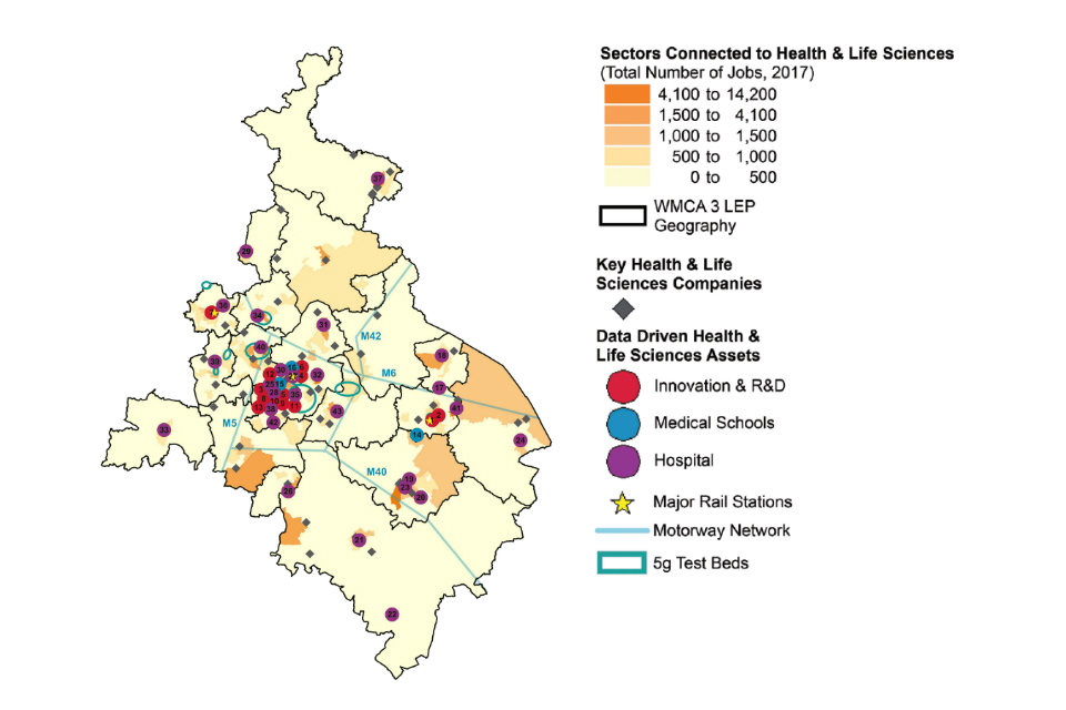 Map of the West Midlands showing the spatial distribution of assets for Data driven healthcare innovation. (Details in the table below).