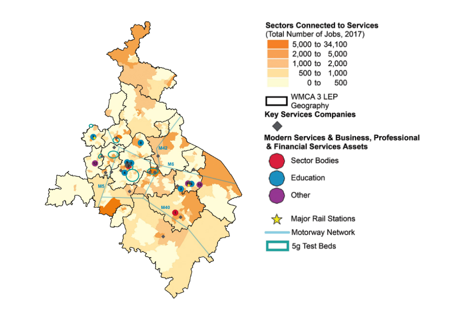 Map of the West Midlands showing the spatial distribution of assets for Modern Services. (Details in the table below).