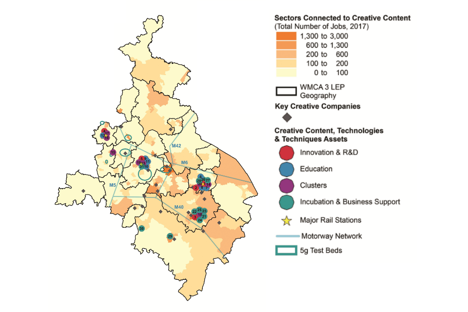 Map of the West Midlands showing the spatial distribution of assets for the Creative Content, Technologies & Techniques. (Details in the table below).