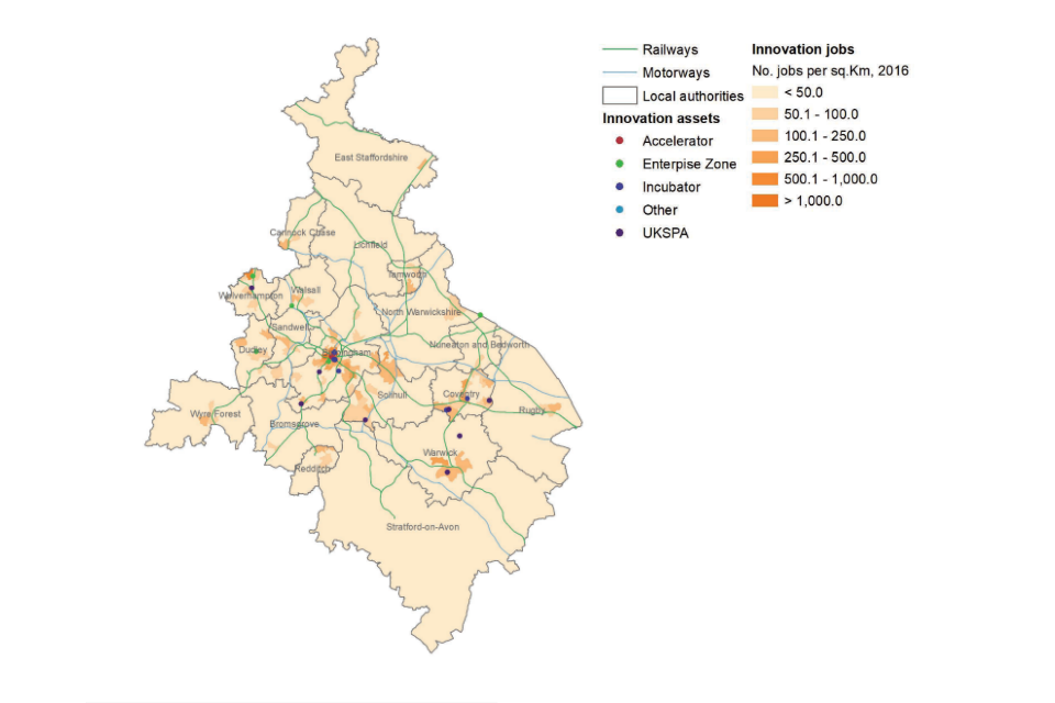 Map of the West Midlands showing the spatial distribution of innovation assets and jobs in 2016.