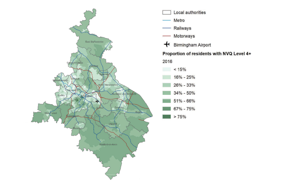 Map of the West Midlands showing the proportion of residents with NVQ Level 4+ in 2016.