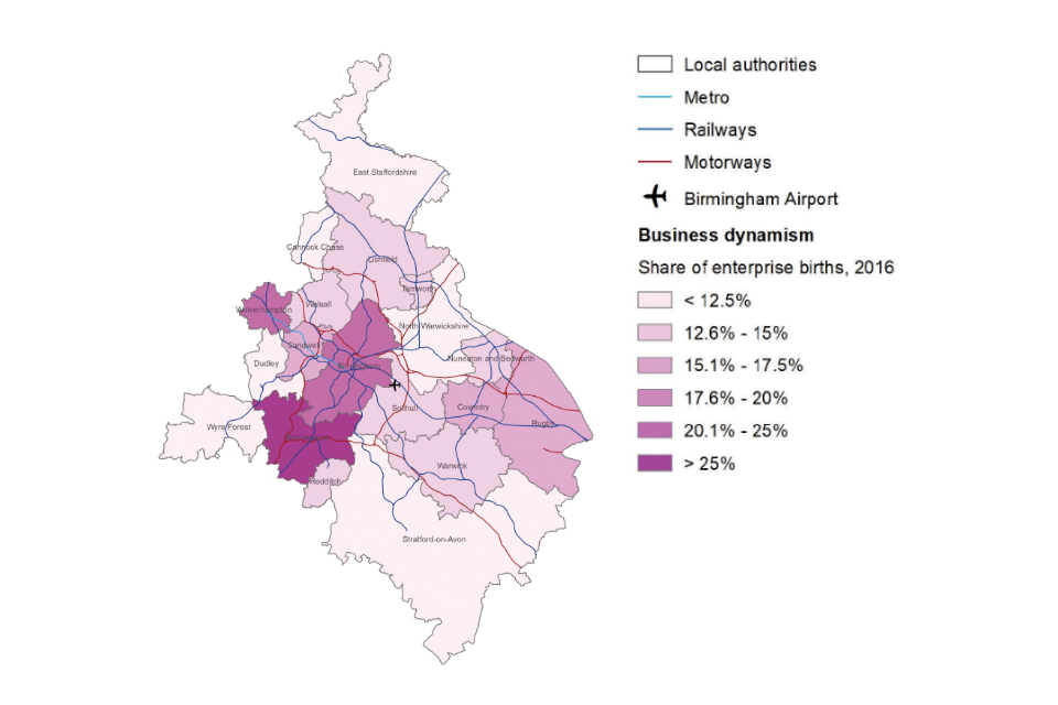 Map of the West Midlands showing the share of enterprise births in 2016.