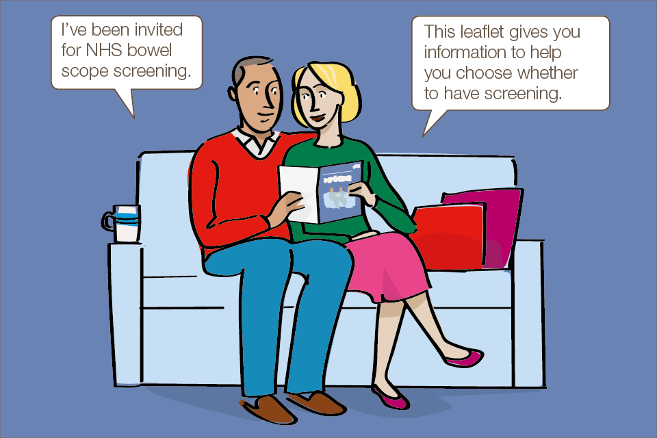 Illustration of man and woman on sofa discussing bowel scope screening.