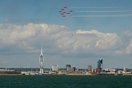 The Red Arrows fly over Spinnaker Tower in Portsmouth.