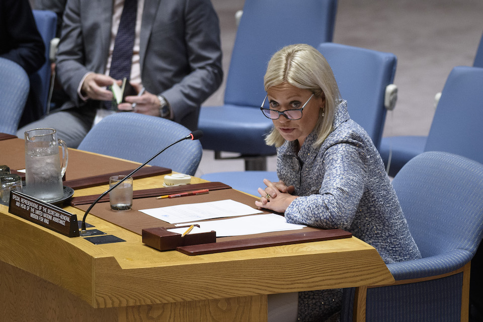 Jeanine Hennis-Plasschaert, Special Representative for Iraq and Head of the United Nations Assistance Mission for Iraq (UNAMI), briefs the Security Council meeting on the situation concerning Iraq.  (UN Photo)