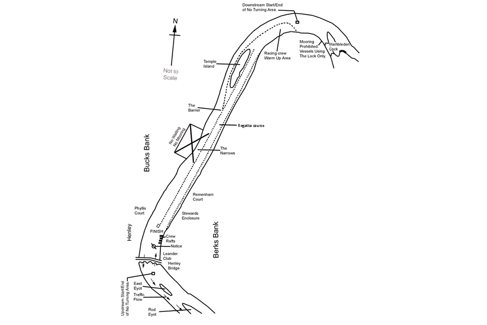 Map of the Henley Royal Regatta course with 'The Narrows' marked as 'No mooring'.